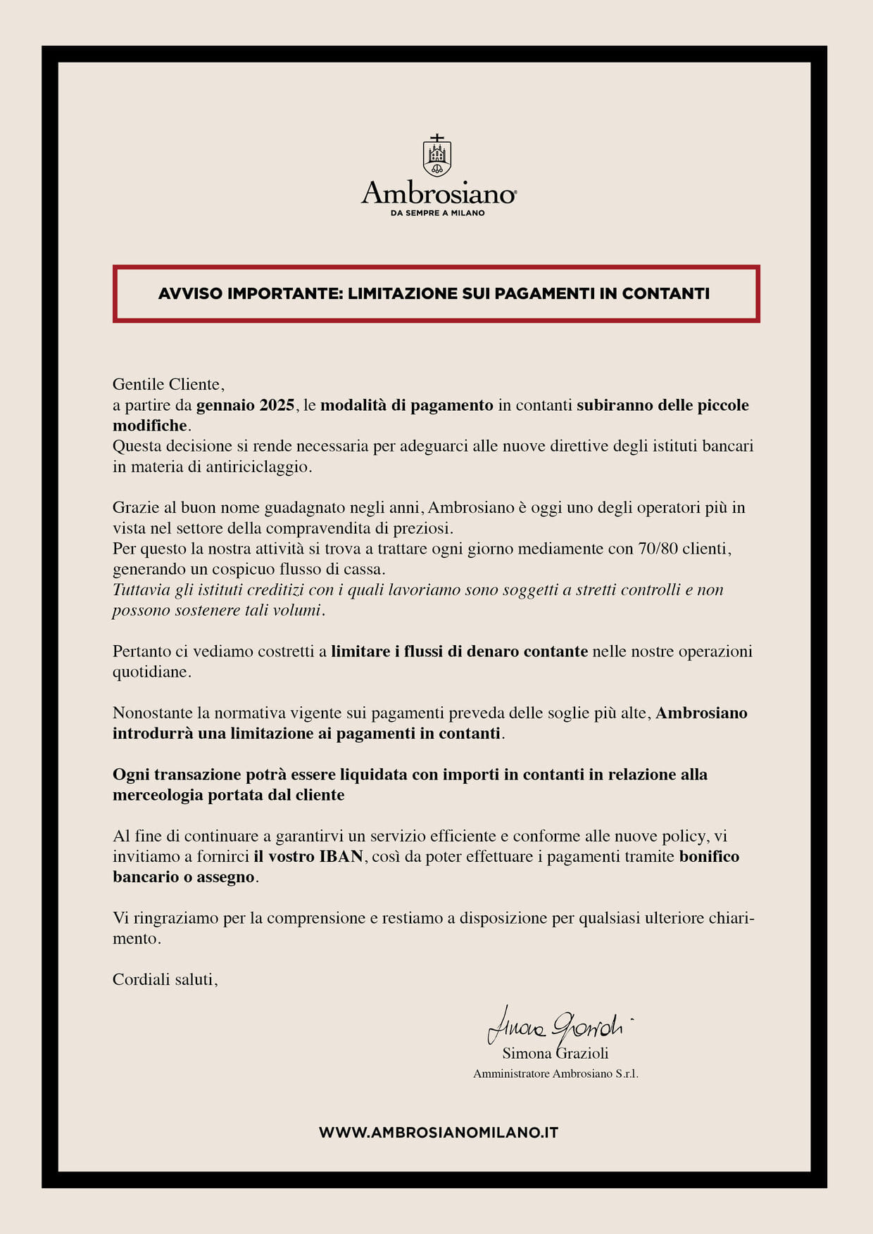 Lettera sulla limitazione del contante